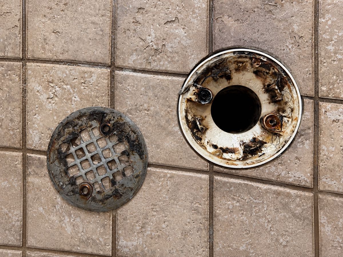 Shower drain caked with hair, soap scum and rust before cleaning